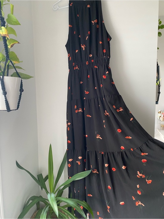 Wilfred Dresses & Skirts - Wilfred Black Maxi Dress with Red Floral Motif